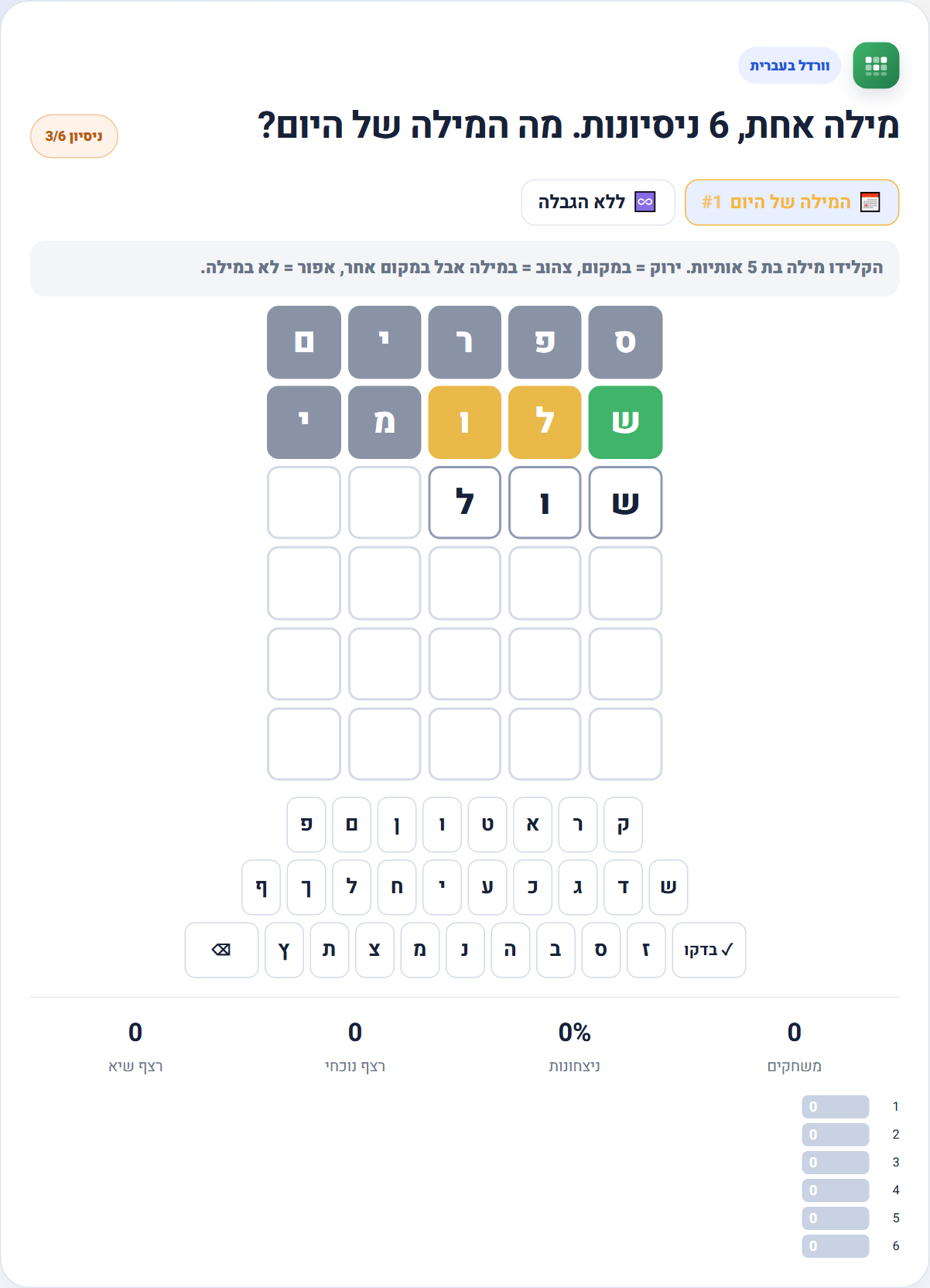 לוח וורדל בעברית עם שני ניחושים צבועים